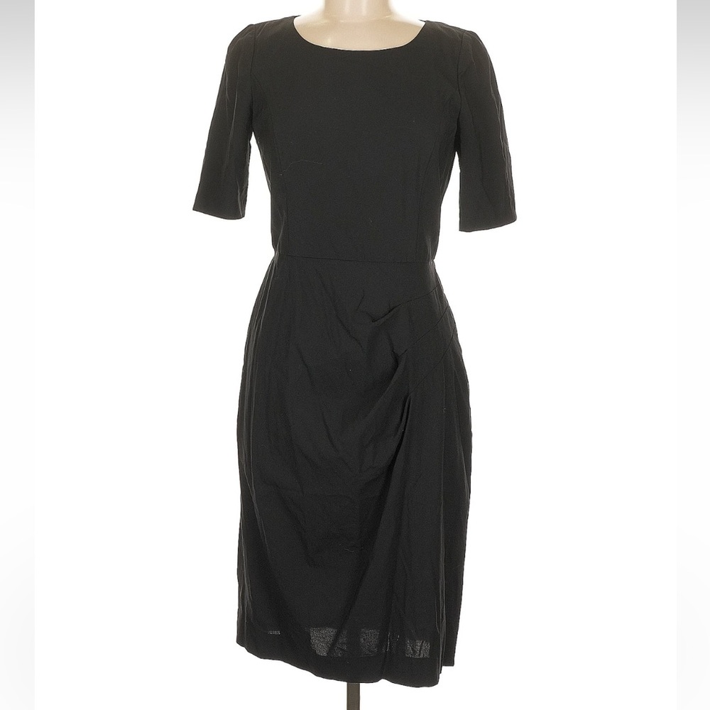DKNY Black Timeless Classic Wool Ruched Gathered Chic Midi Dress Size 6 Small